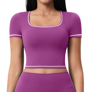 Completo Yoga Estivo da <span class=keywords><strong>Donna</strong></span> con Spalline Sottili a Contrasto, Maniche Corte Senza Cuciture, T-shirt Aderente per Pilates e <span class=keywords><strong>Fitness</strong></span> - Product Image 1