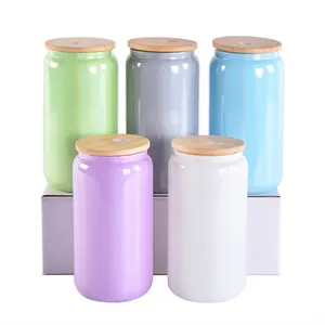 Venta caliente a granel 16Oz personalizado Bling Pink Glass Travel botellas de agua Can Cup Set con tapa de bambú grueso y pajita