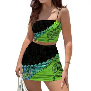 Polynesian New Zealand quần áo Bạc Dương Xỉ in logo tùy chỉnh mùa hè Crop Sling Tops Váy 2 PC Slim váy Set Mini váy