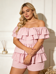 Plus Size Pink <b>Off</b>-<b>the</b>-<b>Shoulder</b> Tiered <b>Ruffle</b> Solid Shirt Women's Casual Summer Shorts Quick Dry Knit Regular Fit - Product Image 5