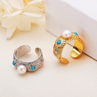 Bague ajustable en perle d'eau douce et turquoise marguerite pour femme, plaquée or, bijoux de mode, cadeau, fête, OEM personnalisé, vente en gros