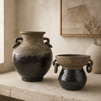 Vase en céramique Wabi Sabi, style rustique, marron caramel, deux tons, avec anse décorative, pour la décoration intérieure d'hôtels et de villas