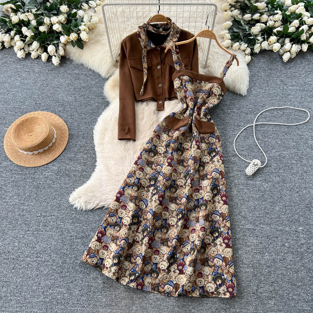 halter dress jacket Women's Fall/Winter Premium Vintage Print with Long-Sleeve Leather-Velvet 2-Piece Set halter neck dress with jacket