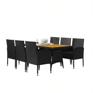 Ensemble de salle à manger d'extérieur en bois d'acacia massif avec rotin noir et structure en acier, mobilier de jardin pour 6 personnes, style contemporain - Product Image 1