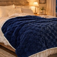 Selimut Elektrik Custom 50x60 Inch Biru Dongker Mewah Bermotif Kotak-kotak Bahan Coral Fleece Sherpa Kontrol Digital Aman dan Hangat