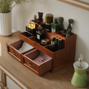 Retro Wooden <b>Makeup</b> Organizer With Drawers 12-Compartment Cosmetic <b>Storage</b> <b>Box</b> For Desk Home Use - Product Image 3