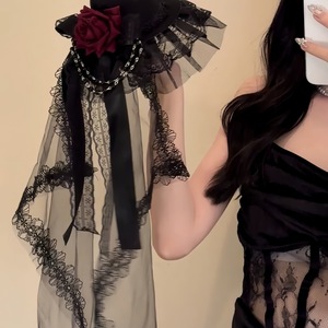 Accessoires de cheveux Lolita Fashion Gothique pour performance, avec voile sombre, rose sanglante en résine, chapeau rétro, épingle à cheveux et chaîne, pour cosplay - Product Image 2