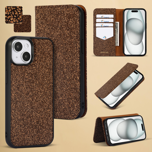 Sustainable Coffee Wood Cork Eco Pu Leather Detachable Flip Wallet Magnetic Phone Case for iPhone 16 17 Pro Max Recycy Wood Case