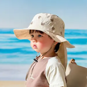 WD-A491儿童刺绣图案野营帽钓鱼儿童沙滩狩猎斗帽带后挡板