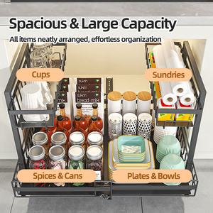 Organisateur rétractable sous l'évier, longueur réglable, tiroir <span class=keywords><strong>coulissant</strong></span>, <span class=keywords><strong>panier</strong></span> de rangement en métal - Product Image 2