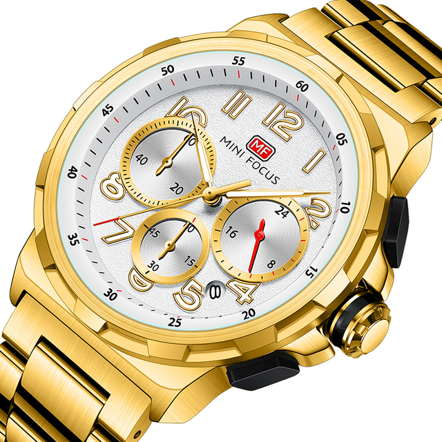MINIFOCUS 0492 Mens Multifunction Chronograph Fashion Watch for Men Stainless Steel Waterproof Luminous Calendar Quartz Watches