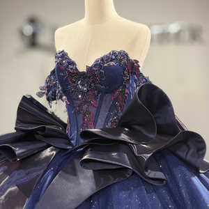 Vestido de Quinceañera Azul Medianoche Dy1554 de Gasa con Apliques, Escote Corazón, Lazo Bordado, Estilo Princesa Vintage, con Sujetador Incorporado - Product Image 6