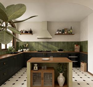 Meubles de cuisine vert foncé rétro-luxueux - Armoires sophistiquées avec portes en verre cintré et détails en bois chaud - Product Image 5