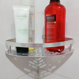 Étagère de salle de bain à double niveau en aluminium, fixation par ventouse, design minimaliste en forme d'éventail, montage mural en coin - Product Image 2