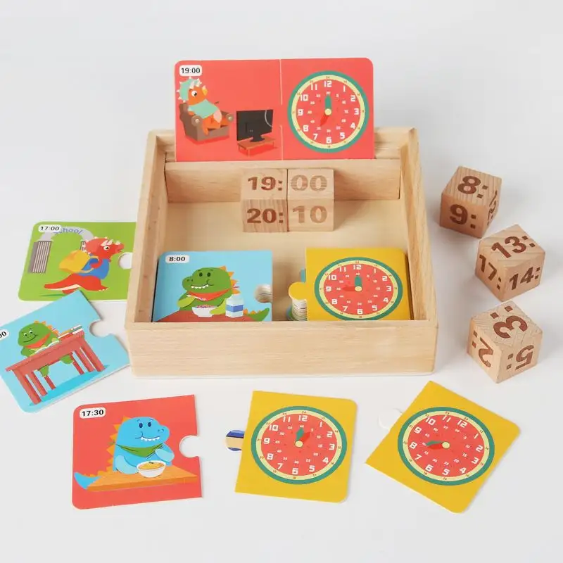 Children's early education young learning time teaching AIDS enlightenment cognitive puzzle set education wooden dinosaur clock