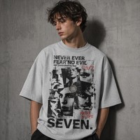 T-shirt graphique gris clair 100% coton, imprimé Fear No Evil, Never Ever Collage 247 Seven, streetwear surdimensionné, 300g Metour