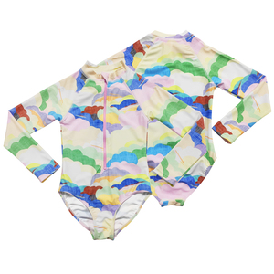 Trẻ Em Dài Tay Áo Rashguard Áo Tắm Đầy Màu Sắc Đám Mây In Upf50 + Mặt Trời Bảo Vệ Nhanh Chóng Khô Zip Phía Trước Một Mảnh Áo Tắm - Product Image 6