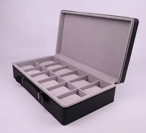 2024 New Style Fashion Black Special PU Leatherette Watch Storage Organizer Case For Travel With Handle Luxury 12 Slots