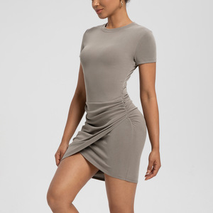 Falda de yoga modal SUHE para mujer, cuello redondo acanalado con efecto lavado a la arena, ajuste asimétrico informal, vestido deportivo transpirable - Product Image 1