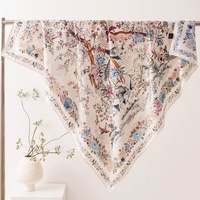 Selendang Sutra Persegi Motif Taman Oriental Chinoiserie Pastel 70cm Khusus Wanita dengan Bingkai Lukisan Bunga Peony dan Burung Bernyanyi