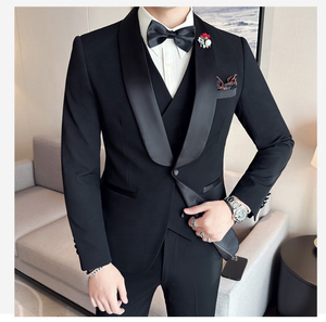 Hombres <span class=keywords><strong>modernos</strong></span> <span class=keywords><strong>boda</strong></span> <span class=keywords><strong>novio</strong></span> mejor hombre chal solapa 3 PC chaqueta chaleco pantalones Slim Negro hombres trajes - Product Image 2
