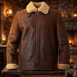 Blouson aviateur pour homme en cuir brun tanné, coupe-vent pour l'hiver - Product Image 3