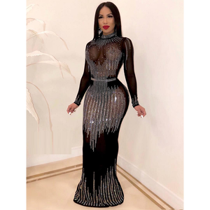 C1869 2024 all'ingrosso <span class=keywords><strong>nero</strong></span> nuovi arrivi donna Party Wear elegante Sexy abito aderente da sera a maglia di diamanti - Product Image 1