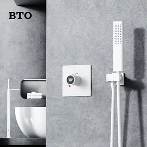 BTO حنفية حمام حمام نحاسي تثبت على الحائط وحوض الاستحمام ومجموعات الحمام نظام دش أبيض مخفي مصنوع بالكامل من النحاس