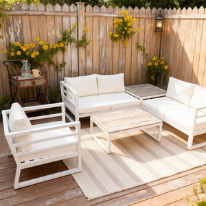 Ensemble de conversation extérieur moderne 5 pièces avec coussins personnalisables, structure robuste et deux tables supérieures pour patio et jardin - Product Image 2