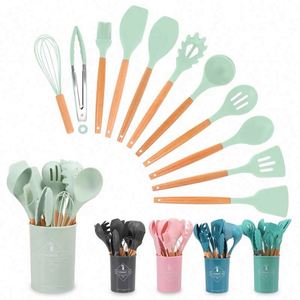 Silicone Kitchenware Set Wooden <b>Handle</b> Non-stick <b>Pan</b> Anti-Slip High Temperature Resistant Special Shovel Spoon Cooking Tools Set - Product Image 3