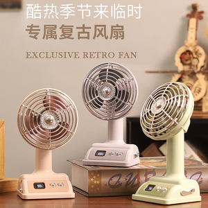 Retro Desktop Fan <b>Mini</b> USB Rechargeable Digital Display Oscillating <b>Table</b> Fan 6.9 In DC Motor Pink Green Off White - Product Image 1