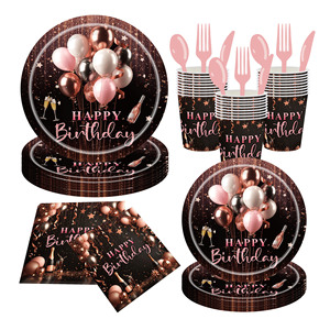 Happy Birthday Party Supplies Kit Paper <b>Plates</b> Cups Napkins Rose Gold Pink Theme <b>Disposable</b> Tableware Set - Product Image 1