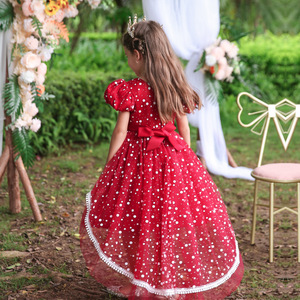 Vestido de Princesa Rojo con Puntos para Niñas, Cuello en V, Falda de Tul, Vestido de Dama de Honor con Corte en A y Ribete de Encaje - Product Image 3