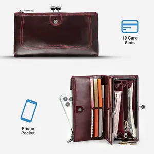 Dompet wanita kulit asli RFID, dompet tangan ponsel bingkai logam untuk wanita, dompet koin, ponsel, kartu, dompet wanita