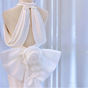 Halter <strong>Bridal</strong> Elegant White French Satin Draped Backless Wrap Waist Chapel Train Fishtail Wedding <strong>Dress</strong> - Product Image 4