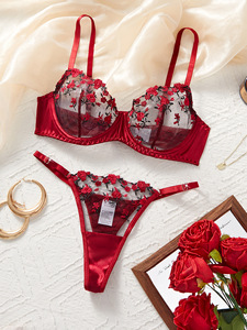 2025 Cross-Border Europäischer & Amerikanischer Stil Dessous-Set: Rotes Samt-Rosen-Stickerei Bügel-Push-Up-BH und Slip-Set für Damen - Product Image 3