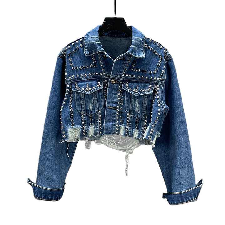 Studded Rivet Denim Jacket Women - Short & High Quality