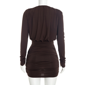 Robe moulante plissée à manches longues et col en V profond, couleur unie, décontractée, nouvelle collection automne-hiver pour femmes Viviblook C26DS333 - Product Image 4