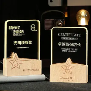 2024 New design Led light up Personalized Plaque crystal trophy with wooden base MH-NJ0365