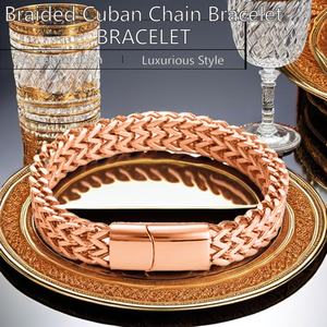 Bracelet double rang tressé en acier inoxydable pour homme, avec fermoir magnétique à double rangée, chaîne cubaine, tendance, plaqué argent - Product Image 5