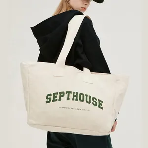 Customized Printed Logo Oversized Weekend Shopping Bag Recyclable Cotton Canvas Active Lifestyle Sporty Tote Bag For Gym