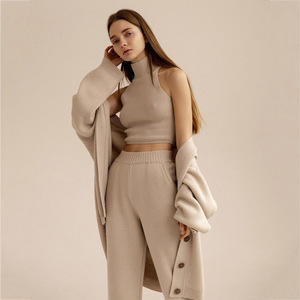 Custom <strong>Jumper</strong> 3 Piece Knitted Cashmere Set Sweater <strong>Sexy</strong> High Neck Vest Long Pant Cardigan Knitwear Plus Size <strong>Women</strong> Sweater Set - Product Image 2