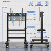 Soporte de TV Móvil Moderno Grande con Ruedas y Estante, para Pantallas de 55''-98'', Acero Aleado, Altura Ajustable, Gestión de Cables, 9kg/220lbs, Negro