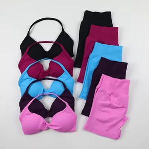 Conjunto <span class=keywords><strong>Deportivo</strong></span> <span class=keywords><strong>de</strong></span> Dos Piezas para Mujer, Top <span class=keywords><strong>Deportivo</strong></span> Halter <span class=keywords><strong>de</strong></span> Punto Transpirable con Costuras Elásticas y Shorts, Ropa <span class=keywords><strong>de</strong></span> Gimnasio - Product Image 1