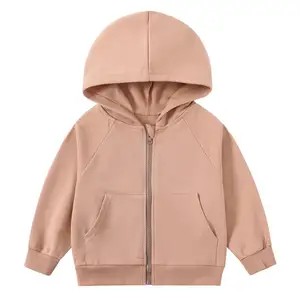 Wholesale premium polyester kids french fleece custom logo rib sleeve hoodie full zip up long sleeve kids hoodie sweatshirts
