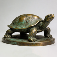 Sculpture de tortue familiale en bronze coulé à la cire perdue, patine verte antique, pour jardin extérieur, bassin et ornement paysager