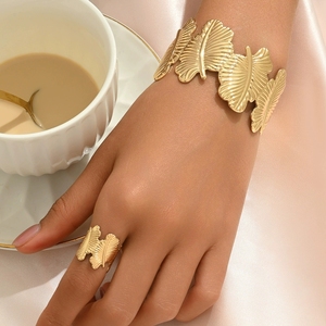 Ensemble de 2 bracelets jonc en métal doré punk, feuilles épaisses, réglables, texture ouverte, bracelet jonc pour femmes, ensemble de bijoux - Product Image 4