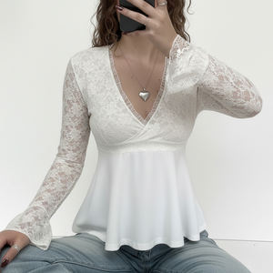 Lace Splicing Sheer Trumpet Sleeve <b>V</b>-<b>Neck</b> Long Sleeve Knit <b>T</b>-<b>Shirt</b> <b>Women</b> Sweet Casual Fashion Top - Product Image 1