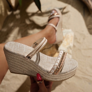Sandalias de cuña alta para mujer, novedad 2026, con punta abierta, tira al tobillo con pedrería, antideslizantes, para playa - Product Image 2