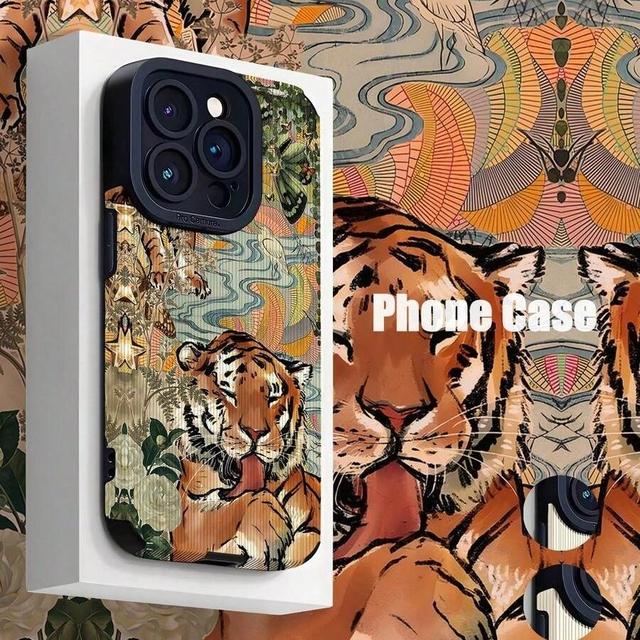 Fashionable Retro Tiger Floral Vertical Stripe High-End Faux Leather Mobile Phone Case for iphone 17 15 Promax Shell Back Cover